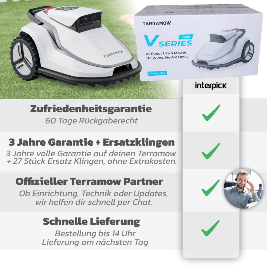 Terramow V600 mit Garage, Mähroboter, smarter Rasenroboter für 600 m², Gartenpflege ohne Begrenzungskabel